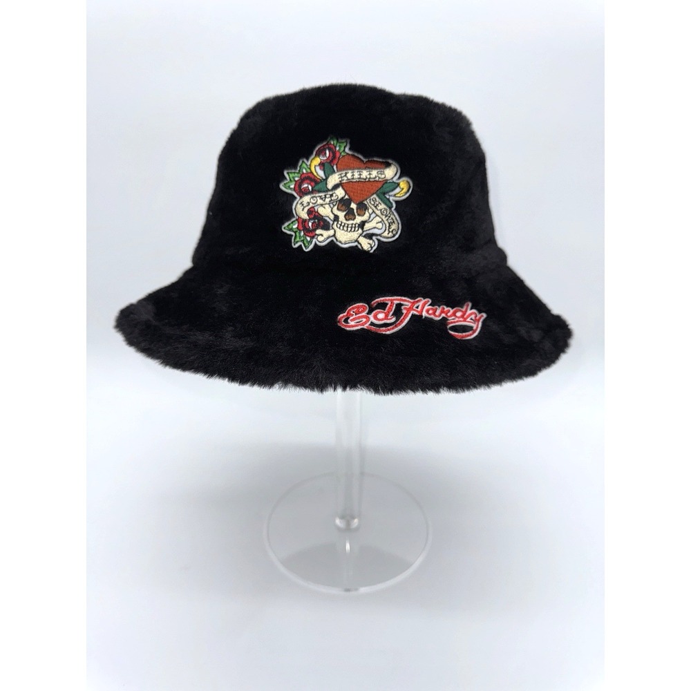 NWT ED HARDY Love Kills Slowly Black Faux Fur Bucket Hat Skull Tattoo Heart‎ Y2K
